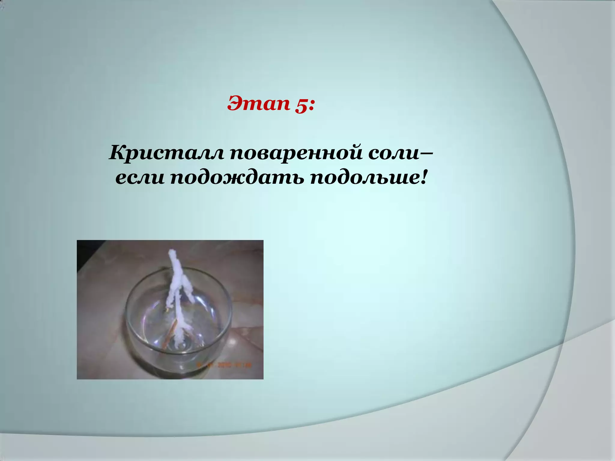 Этап 5:

Кристалл поваренной соли–
если подождать подольше!
 