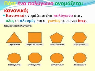 Πότε ζνα πολφγωνο ονομάηεται
κανονικό;
 Κανονικό ονομάζεται ένα πολύγωνο όταν
 όλεσ οι πλευρέσ και οι γωνίεσ του είναι ίςεσ.
 