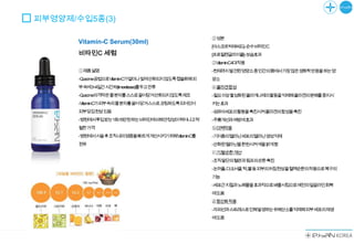 피부영양제/수입5종(3)

                                                ②성분
       Vitamin-C Serum(30ml)
                                                [아스코르빅애씨드]-순수비타민C
       비타민C 세럼                                  [프로필렌글라이콜]-보습효과
                                                ③Vitamin-C4대작용
       ①제품설명                                    -현재까지발견된영양소중인간의몸에서가장많은생화학반응을하는영
       -Qusome공법으로Vitamin-C가열이나빛에산화되지않도록캡슐화해피   양소
       부속에3~4일간시간차(timerelease)를두고잔류            ⓐ콜라겐합성
       -Qusome의격막은물분자를스스로끌어당겨산화되지않도록제조          -필요이상활성화된콜라게나제의활동을억제해콜라겐의분해를중지시
       -Vitamin-C가피부속의물분자를끌어당겨스스로코팅하도록되어있어      키는효과
       피부당김현상있음                                 -섬유아세포의활동을촉진시켜콜라겐의합성을촉진
       -병원에서투입받는1회-15만원하는비타민에비해안정성이뛰어나고탁        -주름개선과예방에효과
       월한가격                                     ⓑ미백작용
       -병원에서시술후조직내의염증을빠르게개선시키기위해Vitamin-C를      -기저층의멜라닌세포의멜라닌생성억제
       권유                                       -산화된멜라닌을환원시켜색을밝게함
                                                ⓒ기.혈순환개선
                                                -조직말단의혈관과림프의순환촉진
                                                -눈꺼플,다크서클,턱,볼등피부의처짐현상을혈액순환의작용으로복구의
                                                기능
                                                -세포간지질과노폐물을효과적으로배출시킴으로예전의얼굴라인회복
                                                에도움
                                                ⓓ항산화작용
                                                -자외선과스트레스로인해발생하는유해산소를억제해피부세포의재생
                                                에도움
 
