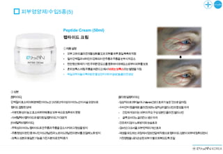 피부영양제/수입5종(5)


                     Peptide Cream (50ml)
                     펩타이드 크림

                     ①제품설명
                     •    피부고유의콜라겐재활성화를도와피부를하루종일촉촉하게함
                     •    필수단백질과비타민이강화되어잔주름과주름을눈부시게감소
                     •    천연항산화제가거친주위환경요소를중화하여유해요소로부터피부를보호
                     •    흔히보톡스처럼주름을펴준다고해서„바르는보톡스‟라는별명을가짐
                     •    독일과학자들의특허받은활성안티에이지(ASCIII)-콜라겐생성




②성분
[펩타이드]                                            [팔미토일펩타이드]
단백질이효소에의해분해된아미노산고리로2개이상의아미노산이사슬모양으로               -임상적으로레티놀이나Vitamin-C보다효과가높은것으로알려짐
펩티드결합된상태                                          -수퍼안티링클제로콜라겐(100%~327%)과엘라스틴의합성을자극
-수분친화성이높고효소에취약해통상피부속으로침투하지못함                      -   건강하게보이는피부의주요구성성분인콜라겐,엘라스틴
-아세틸헥사펩타이드와팔미토일펩타이드가대표적                           -   글루코사미노글리칸스생산자극
[아세틸헥사펩타이드]                                       -건조하지않아노화방지와보습효과
-무독성의아미노펩타이드로잔주름과주름을감소시키며그형성을방지                   -검버섯,다크서클,피부탄력의개선효과
-주름형성의원인중하나인아드레날린과노르아드레날린의분비를조절해노화방지              -재생을유도하는과정에서정보전달체작용으로펩타이드성분이피부에침투되면서
-보톡스성분과동일한기능을가진저분자로탄력증가                            거짓명령을내려손상된피부가빨리회복되도록조절
 