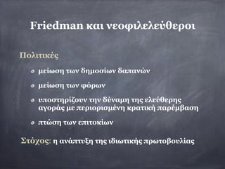 Friedman και νεοφιλελεύθεροι

Πολιτικές
    µείωση των δηµοσίων δαπανών

    µείωση των φόρων

    υποστηρίζουν την δύναµη της ελεύθερης
    αγοράς µε περιορισµένη κρατική παρέµβαση

    πτώση των επιτοκίων

Στόχος: η ανάπτυξη της ιδιωτικής πρωτοβουλίας
 