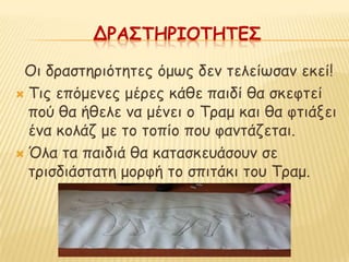 ΔΡΑ΢ΣΗΡΙΟΣΗΣΕ΢

 Οη δναζηενηόηεηεξ όμςξ δεκ ηειείςζακ εθεί!
 Τηξ επόμεκεξ μένεξ θάζε παηδί ζα ζθεθηεί
  πμύ ζα ήζειε κα μέκεη μ Τναμ θαη ζα θηηάλεη
  έκα θμιάδ με ημ ημπίμ πμο θακηάδεηαη.
 Όια ηα παηδηά ζα θαηαζθεοάζμοκ ζε
  ηνηζδηάζηαηε μμνθή ημ ζπηηάθη ημο Τναμ.
 