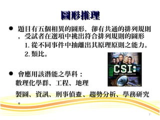 圖形推理
 題目有五個相異的圖形，卻有共通的排列規則
  ，受試者在選項中挑出符合排列規則的圖形
   1. 從不同事件中抽離出其原理原則之能力。
   2. 類比。

 會應用該潛能之學科：
 數理化學群、工程、地理
 製圖、資訊、刑事偵查 、趨勢分析、學務研究
 。
                       7
 