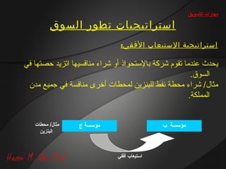 ‫مهارات التسويق‬

         ‫استراتيجيات تطور السوق‬
                                ‫استراتيجية الستيعاب الفقي:‬

‫يحدث عنداما تقوم شركة بالستحواذ أو شراء امناقفسيها اتزيد حصتها قفي‬
                                                          ‫السوق.‬
 ‫امثال/ شراء امحطة نفط للبنزين لمحطات أخرى امناقفسة قفي جميع امدن‬
                                                         ‫المملكة.‬


   ‫مثال/ محطات‬    ‫مؤسسة ج‬                      ‫مؤسسة ب‬
     ‫البنزين‬



                               ‫استيعاب أفقي‬
 