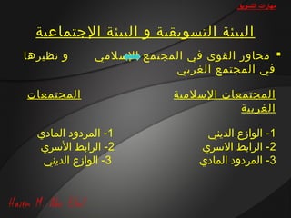 ‫مهارات التسويق‬


  ‫البيئة التسويقية و البيئة الجتماعية‬
‫و نظيرها‬      ‫‪ ‬محاور القوى في المجتمع السلمي‬
                          ‫في المجتمع الغربي‬

‫المجتمعات‬                  ‫المجتمعات السلمية‬
                                      ‫الغربية‬

  ‫1- المردود المادي‬             ‫1- الوازع الديني‬
  ‫2- الرابط السري‬              ‫2- الرابط السري‬
   ‫3- الوازع الديني‬            ‫3- المردود المادي‬
 