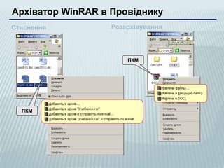 Архіватор WinRAR в Провіднику
Стиснення          Розархівування




                       ПКМ




  ПКМ
 