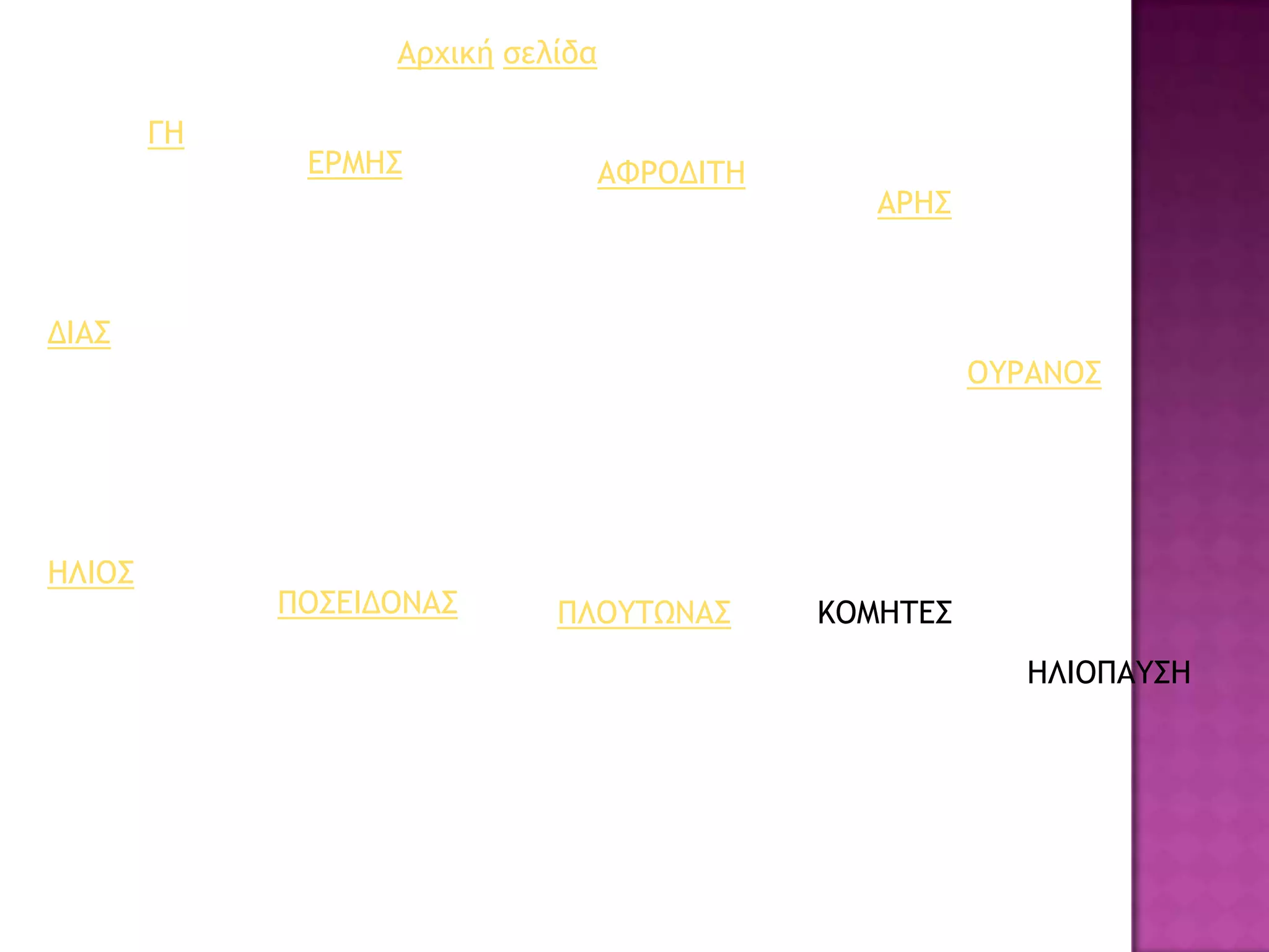 Αουική ρελίδα

        ΓΗ
              ΕΡΜΗ΢                ΑΥΡΟΔΙΣΗ
                                                 ΑΡΗ΢



ΔΙΑ΢
                                                        ΟΤΡΑΝΟ΢




ΗΛΙΟ΢
             ΠΟ΢ΕΙΔΟΝΑ΢      ΠΛΟΤΣΩΝΑ΢        ΚΟΜΗΣΕ΢
                                                           ΗΛΙΟΠΑΤ΢Η
 