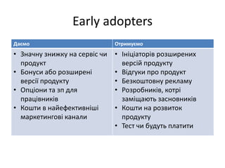 Early adopters
Даємо                          Отримуємо
• Значну знижку на сервіс чи   • Ініціаторів розширених
  продукт                        версій продукту
• Бонуси або розширені         • Відгуки про продукт
  версії продукту              • Безкоштовну рекламу
• Опціони та зп для            • Розробників, котрі
  працівників                    заміщають засновників
• Кошти в найефективніші       • Кошти на розвиток
  маркетингові канали            продукту
                               • Тест чи будуть платити
 