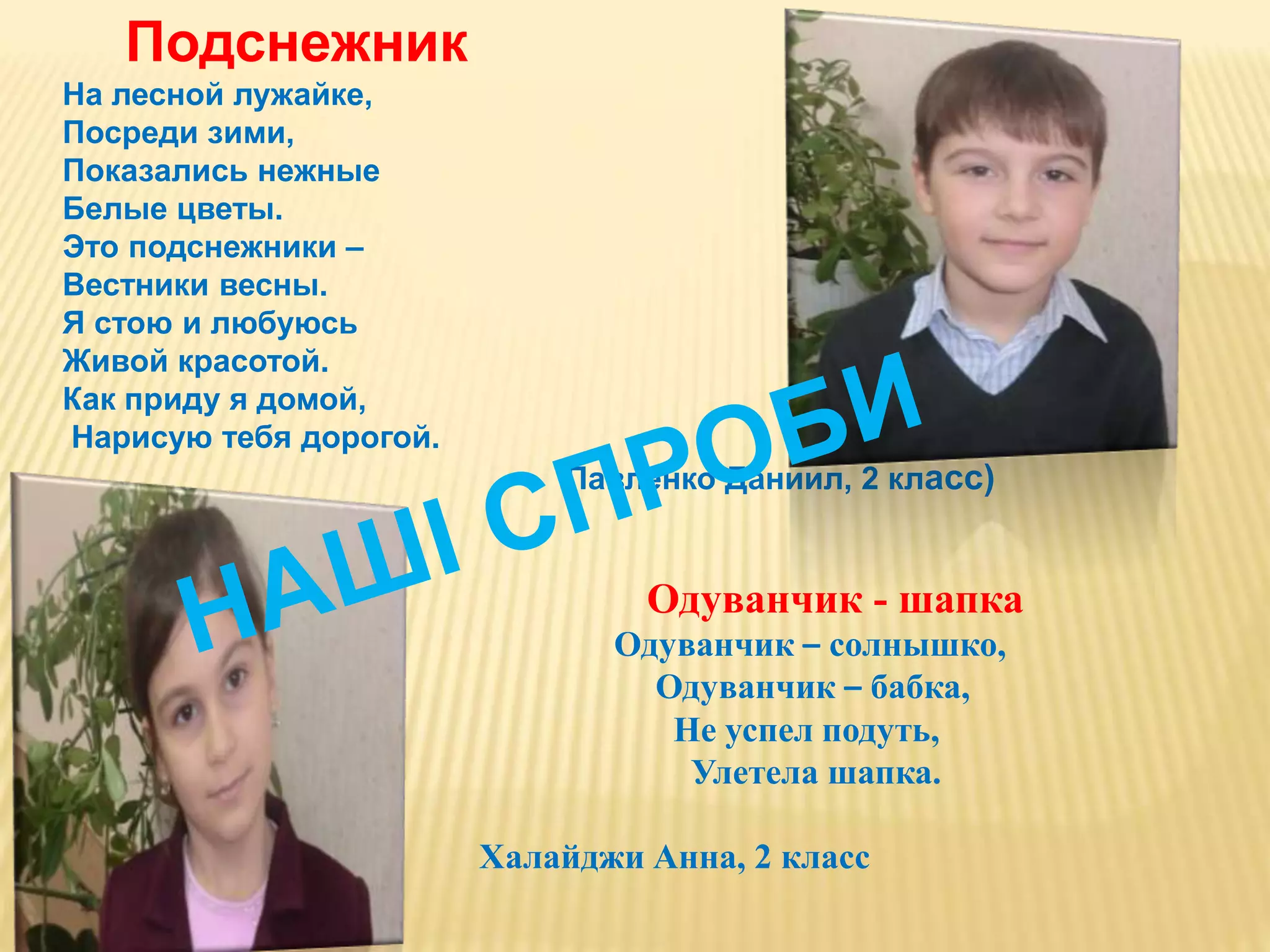 Подснежник
На лесной лужайке,
Посреди зими,
Показались нежные
Белые цветы.
Это подснежники –
Вестники весны.
Я стою и любуюсь
Живой красотой.
Как приду я домой,
Нарисую тебя дорогой.
Павленко Даниил, 2 класс)
Одуванчик - шапка
Одуванчик – солнышко,
Одуванчик – бабка,
Не успел подуть,
Улетела шапка.
Халайджи Анна, 2 класс
 