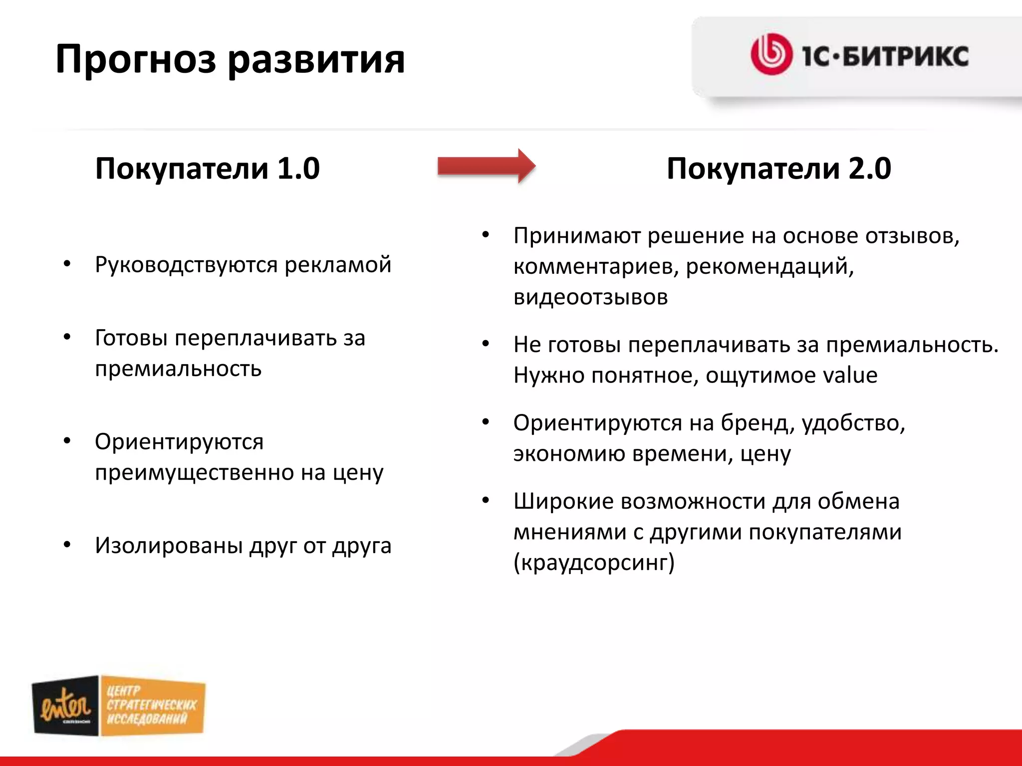 Прогноз развития

  Покупатели 1.0                             Покупатели 2.0
                              • Принимают решение на основе отзывов,
• Руководствуются рекламой      комментариев, рекомендаций,
                                видеоотзывов
• Готовы переплачивать за     • Не готовы переплачивать за премиальность.
  премиальность                 Нужно понятное, ощутимое value
                              • Ориентируются на бренд, удобство,
• Ориентируются                 экономию времени, цену
  преимущественно на цену
                              • Широкие возможности для обмена
                                мнениями с другими покупателями
• Изолированы друг от друга
                                (краудсорсинг)
 