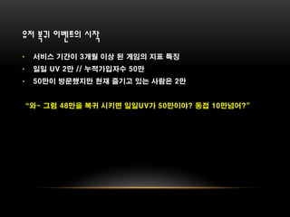 유저 복귀 이벤트의 시작
•   서비스 기간이 3개월 이상 된 게임의 지표 특징
•   일일 UV 2만 // 누적가입자수 50만
•   50만이 방문했지만 현재 즐기고 있는 사람은 2만


“와~ 그럼 48만을 복귀 시키면 일일UV가 50만이야? 동접 10만넘어?”
 