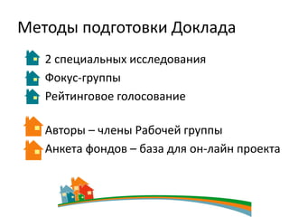 Методы подготовки Доклада
   2 специальных исследования
   Фокус-группы
   Рейтинговое голосование

   Авторы – члены Рабочей группы
   Анкета фондов – база для он-лайн проекта
 