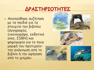 ΔΡΑ΢ΣΗΡΙΟΣΗΣΕ΢
   Αθμιμύζεζε ζοδήηεζε
    με ηα παηδηά γηα ηα
    ζημηπεία ημο βηβιίμο
    (ζογγναθέα,
    εηθμκμγνάθμ, εθδμηηθό
    μίθμ, ISBN) θαη
    ρεθμθμνία γηα ημ πμηα
    μμνθή ημο πνμηημμύκ:
    ηεκ ακάγκςζε από ημ
    βηβιίμ ή ηεκ αθήγεζε
    από ημ θηιμάθη.
 