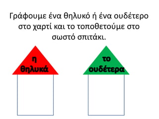 Γράφουμε ζνα θηλυκό ή ζνα ουδζτερο
  ςτο χαρτί και το τοποθετοφμε ςτο
           ςωςτό ςπιτάκι.
 