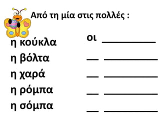 Από τθ μία ςτισ πολλζσ :

θ κοφκλα        οι _________
θ βόλτα         __ _________
θ χαρά          __ _________
θ ρόμπα         __ _________
θ ςόμπα         __ _________
 