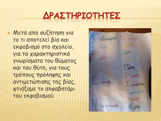 ΔΡΑ΢ΣΗΡΙΟΣΗΣΕ΢

   Μεηά από ζοδήηεζε γηα
    ημ ηη απμηειεί βία θαη
    εθθμβηζμό ζημ ζπμιείμ,
    γηα ηα παναθηενηζηηθά
    γκςνίζμαηα ημο ζύμαημξ
    θαη ημο ζύηε, γηα ημοξ
    ηνόπμοξ πνόιερεξ θαη
    ακηημεηώπηζεξ ηεξ βίαξ,
    θηηάλαμε ημ αιθαβεηάνη
    ημο εθθμβηζμμύ.
 