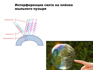 Интерференция света на плёнке
                   мыльного пузыря


  Отражённый луч




    Падающий луч


Преломлённый луч
 