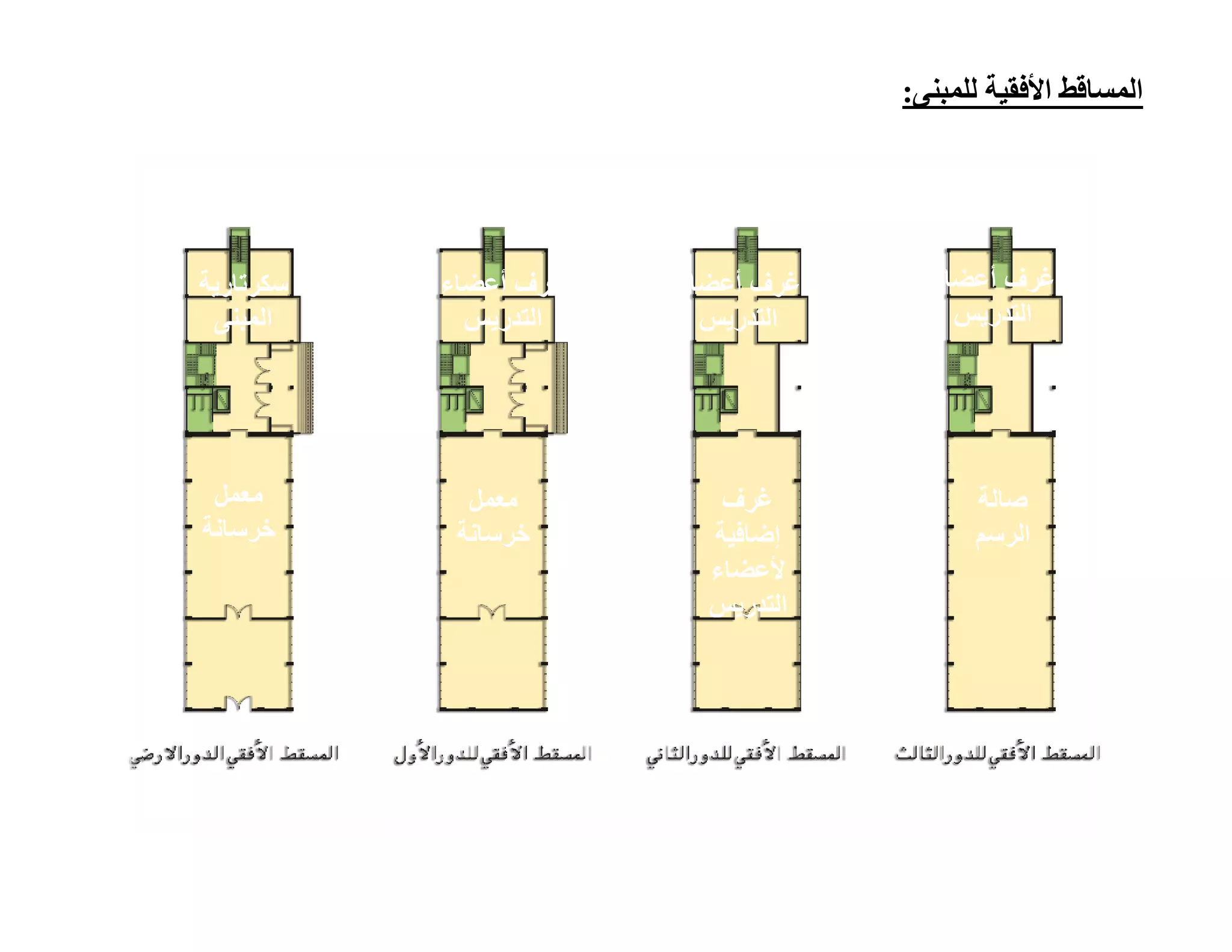 ‫اﻟﻤﺴﺎﻗﻂ اﻷﻓﻘﯿﺔ ﻟﻠﻤﺒﻨﻰ:‬




‫ﺳﻛرﺗﺎرﯾﺔ‬   ‫ﻏرف أﻋﺿﺎء‬   ‫ﻏرف أﻋﺿﺎء‬     ‫ﻏرف أﻋﺿﺎء‬
 ‫اﻟﻣﺑﻧﻰ‬      ‫اﻟﺗدرﯾس‬     ‫اﻟﺗدرﯾس‬       ‫اﻟﺗدرﯾس‬




 ‫ﻣﻌﻣل‬        ‫ﻣﻌﻣل‬         ‫ﻏرف‬            ‫ﺻﺎﻟﺔ‬
‫ﺧرﺳﺎﻧﺔ‬      ‫ﺧرﺳﺎﻧﺔ‬       ‫إﺿﺎﻓﯾﺔ‬          ‫اﻟرﺳم‬
                         ‫ﻷﻋﺿﺎء‬
                         ‫اﻟﺗدرﯾس‬
 