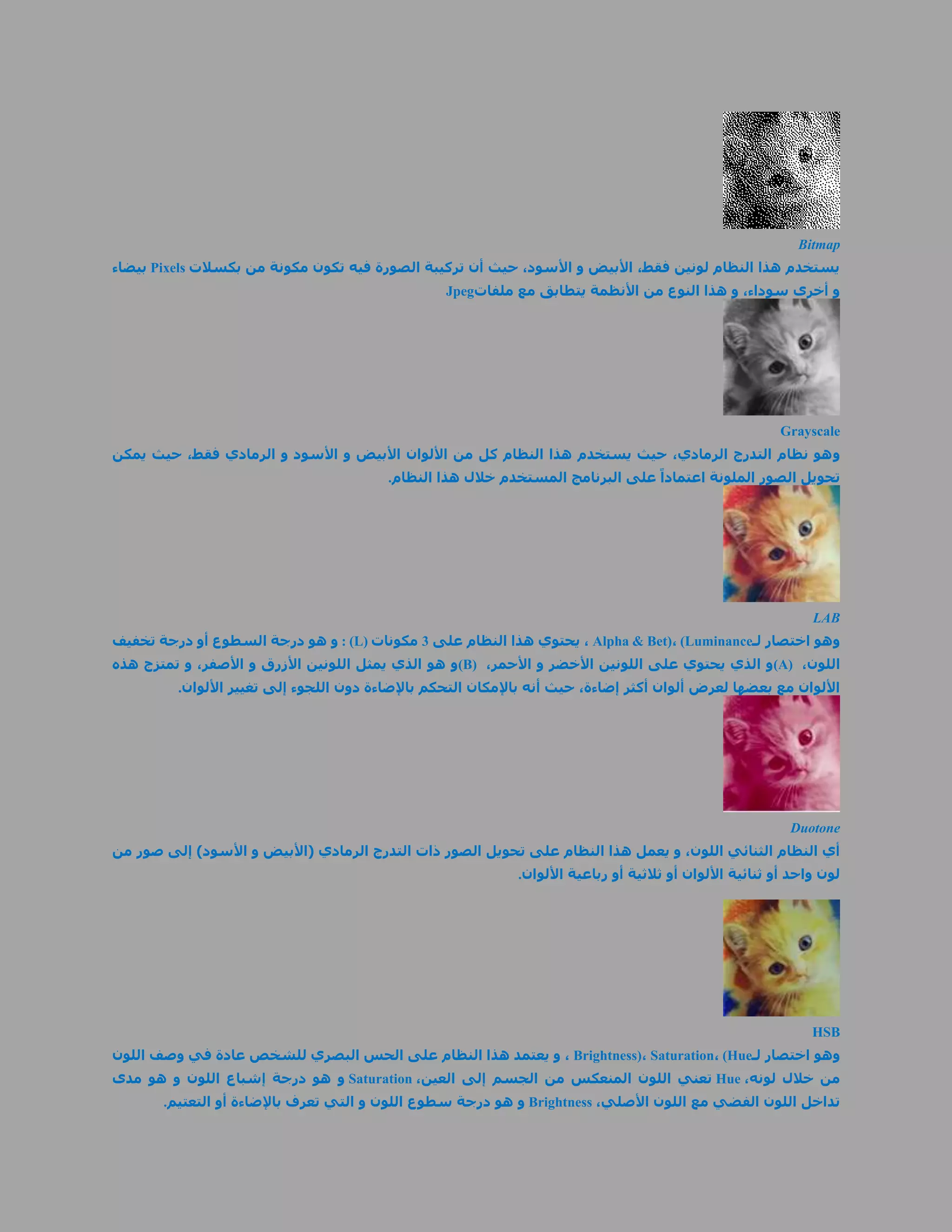 ‫‪Bitmap‬‬
‫يستخدم هذا النظام لونين فقط، األبيض و األسود، حيث أن تركيبة الصورة فيه تكون مكونة من بكسالت ‪ Pixels‬بيضاء‬
                                                  ‫و أخرى سوداء، و هذا النوع من األنظمة يتطابق مع ملفات‪Jpeg‬‬




                                                                                                         ‫‪Grayscale‬‬
‫و هو نظام التدرج الرمادي، حيث يستخدم هذا النظام كل من األلوان األبيض و األسود و الرمادي فقط، حيث يمكن‬
                                         ‫تحويل الصور الملونة اعتماداً على البرنامج المستخدم خالل هذا النظام.‬




                                                                                                               ‫‪LAB‬‬
‫وهو اختصار لـ‪ ، Alpha & Bet)، (Luminance‬يحتوي هذا النظام على 3 مكونات )‪ : (L‬و هو درجة السطوع أو درجة تخفيف‬
‫اللون، )‪(A‬و الذي يحتوي على اللونين األخضر و األحمر، )‪(B‬و هو الذي يمثل اللونين األزرق و األصفر، و تمتزج هذه‬
         ‫األلوان مع بعضها لعرض ألوان أكثر إضاءة، حيث أنه باإلمكان التحكم باإلضاءة دون اللجوء إلى تغيير األلوان.‬




                                                                                                           ‫‪Duotone‬‬
‫أي النظام الثنائي اللون، و يعمل هذا النظام على تحويل الصور ذات التدرج الرمادي (األبيض و األسود) إلى صور من‬
                                                             ‫لون واحد أو ثنائية األلوان أو ثالثية أو رباعية األلوان.‬




                                                                                                               ‫‪HSB‬‬
‫وهو اختصار لـ‪ ، Brightness)، Saturation، (Hue‬و يعتمد هذا النظام على الحس البصري للشخص عادة في وصف اللون‬
‫من خالل لونه، ‪ Hue‬تعني اللون المنعكس من الجسم إلى العين، ‪ Saturation‬و هو درجة إشباع اللون و هو مدى‬
       ‫تداخل اللون الفضي مع اللون األصلي، ‪ Brightness‬و هو درجة سطوع اللون و التي تعرف باإلضاءة أو التعتيم.‬
 