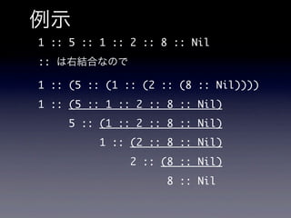 例示
1 :: 5 :: 1 :: 2 :: 8 :: Nil
:: は右結合なので

1 :: (5 :: (1 :: (2 :: (8 :: Nil))))
1 :: (5 :: 1 :: 2 :: 8 :: Nil)
     5 :: (1 :: 2 :: 8 :: Nil)
          1 :: (2 :: 8 :: Nil)
               2 :: (8 :: Nil)
                     8 :: Nil
 