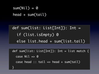 sum(Nil) = 0
head + sum(tail)


def sum(list: List[Int]): Int =
    if (list.isEmpty) 0
    else list.head + sum(list.tail)

def sum(list: List[Int]): Int = list match {
    case Nil => 0
    case head :: tail => head + sum(tail)
}
 
