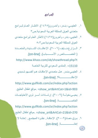 ‫‪ ‬‬
                              ‫‪‬‬


‫١. اﻟﻌﺘﯿﺒ ﻲ، ﺑﻨ ﺪر، وآﺧ ﺮون)٥٢٤١(. اﻻﻃ ﺎر اﻟﻌ ﺎم ﻟﺒ ﺮاﻣﺞ‬
             ‫ﻣﺘﻌﺪدي اﻟﻌﻮق.اﻟﻤﻤﻠﻜﺔ اﻟﻌﺮﺑﯿﺔ اﻟﺴﻌﻮدﯾﺔ.ص٣‬
‫٢. اﻟﻌﺘﯿﺒﻲ، ﺑﻨﺪر، وآﺧﺮون)٥٢٤١(.اﻻﻃﺎر اﻟﻌﺎم ﻟﺒﺮاﻣﺞ ﻣﺘﻌﺪدي‬
                   ‫اﻟﻌﻮق.اﻟﻤﻤﻠﻜﺔ اﻟﻌﺮﺑﯿﺔ اﻟﺴﻌﻮدﯾﺔ.ص٣-٥‬
‫٣. اﻟ ﺰارع،ﻧ ﺎﯾﻒ )٦٠٠٢(. اﻹﻋﺎﻗ ﺎت اﻟﺸ ﺪﯾﺪة واﻟﻤﺘﻌ ﺪدة‬
           ‫ﺒﺎب(. ]‪.[on-line‬‬        ‫ﺎﺋﺺ و اﻷﺳ‬     ‫) اﻟﺨﺼ‬
 ‫‪http://www.khass.com/vb/showthread.php?t‬‬
               ‫01151= .اﻟﻤﻨﺘﺪى اﻟﺴﻌﻮدي ﻟﻠﺘﺮﺑﯿﺔ اﻟﺨﺎﺻﺔ‬
  ‫٤. اﻟﻌﺘﯿﺒ ﻲ،ﺑﻨ ﺪر. ھ ﻞ ﻣﺘﻌ ﺪدي اﻹﻋﺎﻗ ﺎت ھ ﻢ أﻧﻔﺴ ﮭﻢ ﺷ ﺪﯾﺪي‬
                         ‫ﺔ؟. ]‪.[on-line‬‬           ‫اﻹﻋﺎﻗ‬
‫‪http://www.gulfkids.com/ar/index.php?action‬‬
‫309=‪. =show_art&ArtCat=1&id‬ﻣﻮﻗﻊ اﻃﻔﺎل اﻟﺨﻠﯿﺞ.‬
‫٥. ﯾﺤﯿ ﻰ،ﺧﻮﻟ ﺔ )٩٠٠٢(. إرﺷ ﺎدات أﺳ ﺮ ذوي اﻻﺣﺘﯿﺎﺟ ﺎت‬
                         ‫ﺔ. ]‪.[on-line‬‬            ‫اﻟﺨﺎﺻ‬
‫‪http://www.gulfkids.com/ar/index.php?action‬‬
‫072=‪. =show_art&ArtCat=21&id‬ﻣﻮﻗﻊ اﻃﻔﺎل اﻟﺨﻠﯿﺞ‬
  ‫٦. ﺑ ﺮق،ﻋﻤ ﺎد)٩٠٠٢(. اﻹﻋﺎﻗ ﺔ.. ﻧﻈ ﺮة اﻟﻤﺠﺘﻤ ﻊ.. إﻋﺎﻧ ﺔ ﻻ‬
                           ‫ﺔ. ]‪.[on-line‬‬            ‫إھﺎﻧ‬
                                                           ‫٤١‬
 