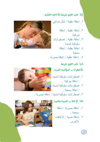 ‫‪‬‬

                ‫إﻋﺎﻗﺔ ﻋﻘﻠﯿﺔ : ﺷﻠﻞ دﻣﺎﻏﻲ‬          ‫١.‬
                                       ‫.‬
                     ‫إﻋﺎﻗﺔ ﻋﻘﻠﯿﺔ : إﻋﺎﻗﺔ‬         ‫٢.‬
                                 ‫ﺣﺮﻛﯿﺔ.‬
                ‫إﻋﺎﻗﺔ ﻋﻘﻠﯿﺔ : اﺿﻄﺮاﺑﺎت‬           ‫٣.‬
                         ‫ﺳﻠﻮﻛﯿﺔ ﺷﺪﯾﺪة .‬
                     ‫إﻋﺎﻗﺔ ﻋﻘﻠﯿﺔ : إﻋﺎﻗﺔ‬         ‫٤.‬
                                  ‫ﺳﻤﻌﯿﺔ‬
            ‫.إﻋﺎﻗﺔ ﻋﻘﻠﯿﺔ : إﻋﺎﻗﺔ ﺑﺼﺮﯾﺔ .‬         ‫٥.‬
                         ‫‪‬‬
               ‫‪‬‬

                ‫١. اﺿﻄﺮاﺑﺎت ﺳﻠﻮﻛﯿﺔ ﺷﺪﯾﺪة‬
                        ‫: إﻋﺎﻗﺔ ﺣﺮﻛﯿﺔ .‬
                ‫٢. اﺿﻄﺮاﺑﺎت ﺳﻠﻮﻛﯿﺔ ﺷﺪﯾﺪة‬
                         ‫: إﻋﺎﻗﺔ ﺳﻤﻌﯿﺔ .‬
‫٣. اﺿﻄﺮاﺑﺎت ﺳﻠﻮﻛﯿﺔ ﺷﺪﯾﺪة : إﻋﺎﻗﺔ ﺑﺼﺮﯾﺔ .‬
                ‫‪‬‬

                    ‫١. اﻋﺎﻗﺔ ﺑﺼﺮﯾﺔ : إﻋﺎﻗﺔ‬
                                 ‫ﺳﻤﻌﯿﺔ .‬
                   ‫٢. إﻋﺎﻗﺔ ﺣﺴﯿﺔ : اﻹﻋﺎﻗﺎت‬
                               ‫اﻷﺧﺮى .‬


                                                       ‫٧‬
 