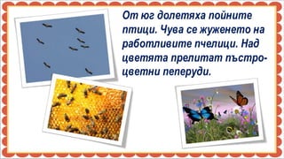 От юг долетяха пойните
птици. Чува се жуженето на
работливите пчелици. Над
цветята прелитат пъстро-
цветни пеперуди.
 