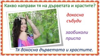 Какво направи тя на дърветата и храстите?
                           докосна
                           събуди

                           заобиколи
                           приспа

    Тя докосна дърветата и храстите.
 