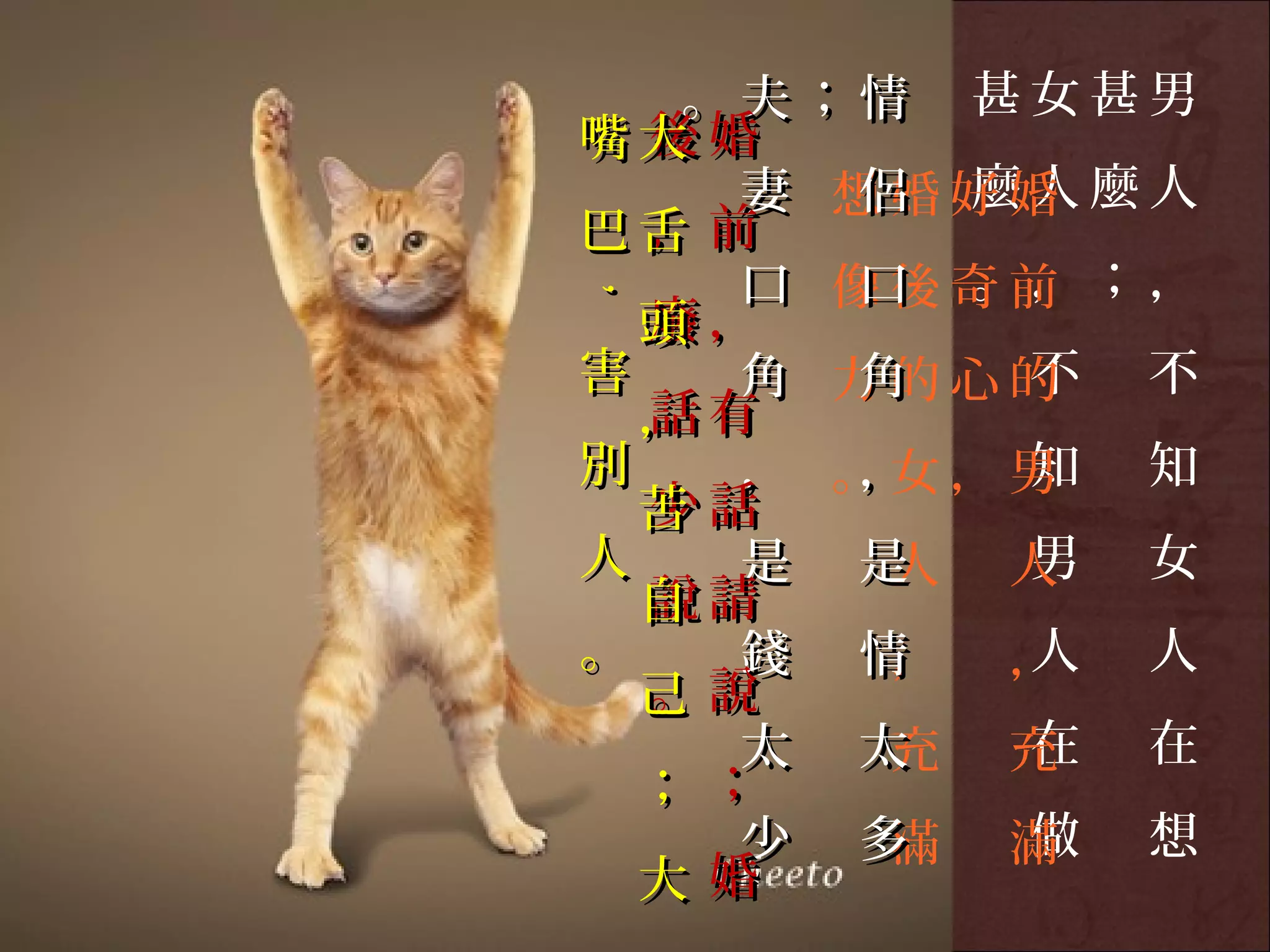 。夫；情 甚女甚男
嘴大 婚
  後
       侶 麼人
     妻 想婚好婚 麼人
巴舌 前
  ，
     口 像後奇前 ；，
       口 。，




,,
  頭 ，
  廢
害         不 不
     角 力的心的
       角
  ， 有
  話
別         知 知
     ， 。女，男
       ，
  苦 話
  少
人    是 是  男 女
        人 人
  自 請
  說
。    錢 情  人 人
        ， ，
  己 說
  。
     太 太  在 在
        充 充
  ； ；
     少 多  做 想
        滿 滿
  大 婚
 