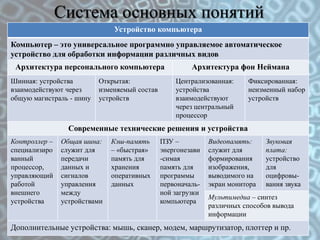 Система основных понятий
                              Устройство компьютера
Компьютер – это универсальное программно управляемое автоматическое
устройство для обработки информации различных видов
 Архитектура персонального компьютера                  Архитектура фон Неймана
Шинная: устройства        Открытая:               Централизованная:     Фиксированная:
взаимодействуют через     изменяемый состав       устройства            неизменный набор
общую магистраль - шину   устройств               взаимодействуют       устройств
                                                  через центральный
                                                  процессор
                 Современные технические решения и устройства
Контроллер –   Общая шина:    Кэш-память      ПЗУ –          Видеопамять:     Звуковая
специализиро   служит для     – «быстрая»     энергонезави   служит для       плата:
ванный         передачи       память для      -симая         формирования     устройство
процессор,     данных и       хранения        память для     изображения,     для
управляющий    сигналов       оперативных     программы      выводимого на    оцифровы-
работой        управления     данных          первоначаль-   экран монитора   вания звука
внешнего       между                          ной загрузки
                                                             Мультимедиа – синтез
устройства     устройствами                   компьютера
                                                             различных способов вывода
                                                             информации
Дополнительные устройства: мышь, сканер, модем, маршрутизатор, плоттер и пр.
 