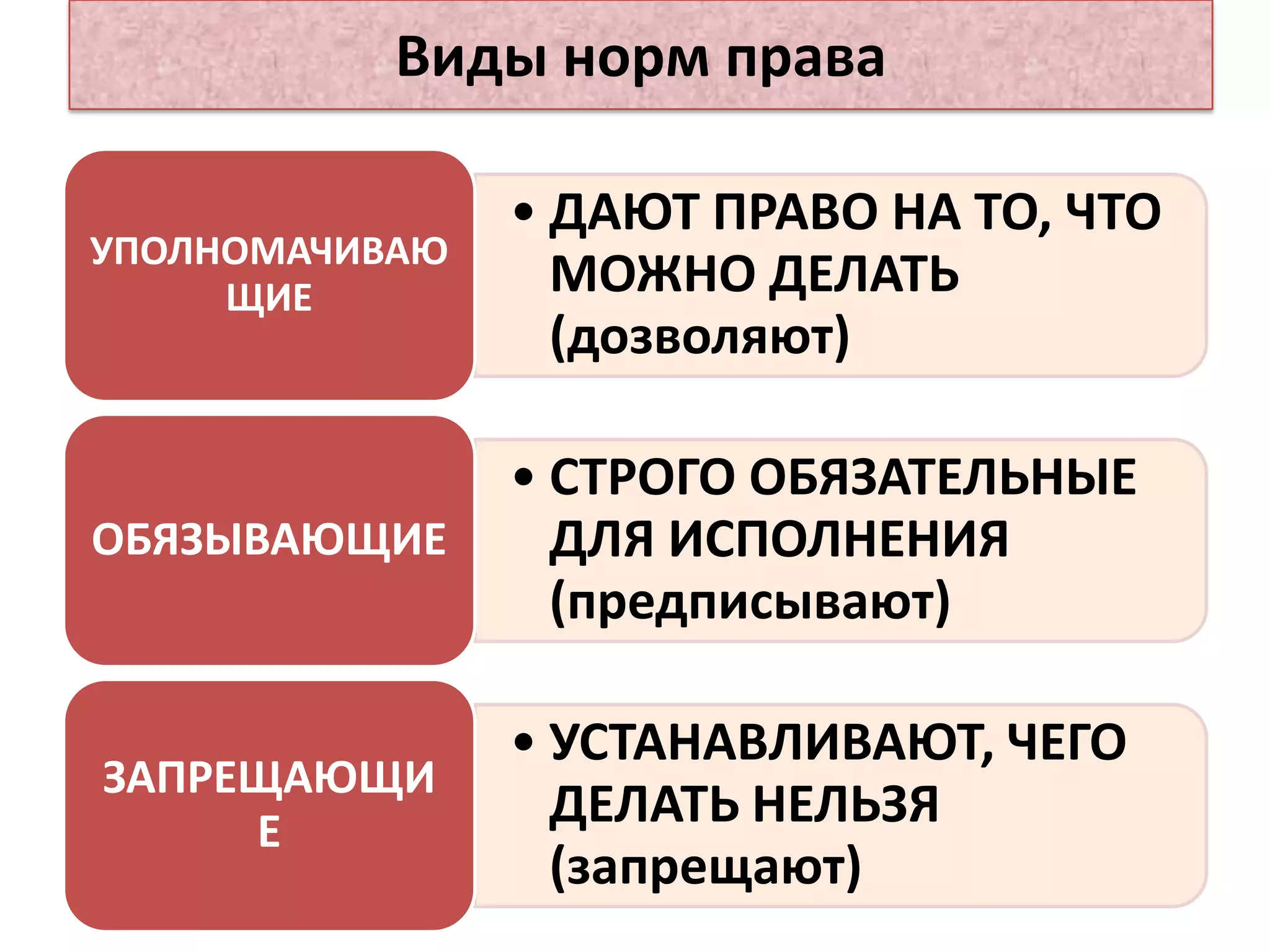 Виды норм права

                • ДАЮТ ПРАВО НА ТО, ЧТО
УПОЛНОМАЧИВАЮ
     ЩИЕ          МОЖНО ДЕЛАТЬ
                  (дозволяют)

                • СТРОГО ОБЯЗАТЕЛЬНЫЕ
ОБЯЗЫВАЮЩИЕ       ДЛЯ ИСПОЛНЕНИЯ
                  (предписывают)

                • УСТАНАВЛИВАЮТ, ЧЕГО
ЗАПРЕЩАЮЩИ
     Е
                  ДЕЛАТЬ НЕЛЬЗЯ
                  (запрещают)
 