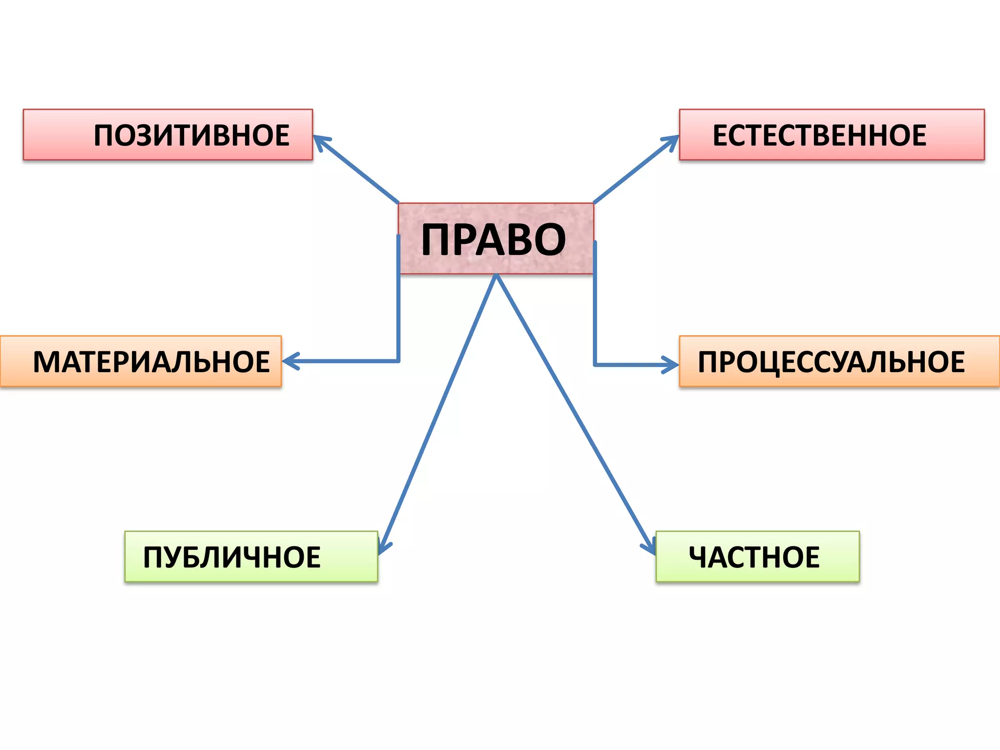 ПОЗИТИВНОЕ             ЕСТЕСТВЕННОЕ


                 ПРАВО

МАТЕРИАЛЬНОЕ             ПРОЦЕССУАЛЬНОЕ




     ПУБЛИЧНОЕ           ЧАСТНОЕ
 