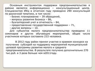 Основным инструментом поддержки предпринимательства в
районе является информационно – консультационный центр.
Специалистом ИКЦ в отчетном году проведено 290 консультаций
по различной тематике, в том числе:
    - бизнес планирование – 39 обращений,
    - вопросы развития бизнеса – 86,
    - бухгалтерский учет и отчетность – 84,
    - предоставление государственной поддержки – 71,
    - другие вопросы – 10.
    Для субъектов малого предпринимательства проведено 11
семинаров и других обучающих мероприятий, общее число
участников которых составило 233 человека.

       В 2012 году район принял участие в краевом конкурсе на
получение субсидий на поддержку мероприятий муниципальной
целевой программы развития малого и среднего
предпринимательства. В результате получено дополнительно 270
тыс.руб. в 3 раза больше чем в2011году.




                    500
                      0
 