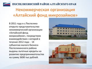 ПОСПЕЛИХИНСКИЙ РАЙОН АЛТАЙСКОГО КРАЯ

    Некоммерческая организация
   «Алтайский фонд микрозаймов»
В 2011 году в с.Поспелиха
открыто представительство
некоммерческой организации
«Алтайский фонд
микрозаймов», посредством
взаимодействия с которой в
течение 2012 года - 14
субъектам малого бизнеса
Поспелихинского района
выданы льготные кредиты на
развитие предпринимательства
на сумму 3690 тыс.рублей.
 