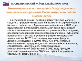 ПОСПЕЛИХИНСКИЙ РАЙОН АЛТАЙСКОГО КРАЯ

 Некоммерческая организация «Фонд социально-
экономического развития Поспелихинского района
                 «Благое дело»
  В целях координации деятельности субъектов малого и
среднего предпринимательства и взаимного сотрудничества
бизнес - сообщества с Администрацией района с 2011 года
осуществляет деятельность некоммерческая организация
«Фонда социально-экономического развития «Благое дело»,
основной задачей которой является привлечение субъектов
предпринимательства к участию в развитии социальной
жизни района. В 2011 году аккумулированы фондом
денежные средства в сумме 405,0 тыс. руб., которые
направлены на поддержку детских творческих коллективов,
спортсменов, деятельности Поспелихинской
межпоселенческой библиотеки. В 2012 году фондом
дополнительно выделено 276,5 тыс. рублей на развитие
социальной сферы района.
 