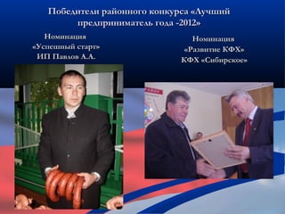 Победители районного конкурса «Лучший
        предприниматель года -2012»
   Номинация                    Номинация
«Успешный старт»              «Развитие КФХ»
 ИП Павлов А.А.              КФХ «Сибирское»
 