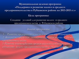 Муниципальная целевая программа
        «Поддержка и развитие малого и среднего
 предпринимательства в Рубцовском районе на 2013-2015 гг.»
                     Цель программы:
      Создание условий для развития малого и среднего
         предпринимательства в Рубцовском районе

                    Задачи программы:
 1. Развитие предпринимательства и системы его поддержки.
 2. Финансово-кредитная поддержка субъектов малого и среднего
предпринимательства.
3. Развитие взаимодействия органов местного самоуправления с
субъектами малого предпринимательства и их объединениями.
                                             объединениями
 
