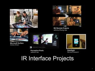 IR Interface Projects
4
Microsoft Surface
Andrew Wilson
Perceptive Pixels
Jefferson Han
Wii Remote Projects
Johnny Chung Lee
SideSight
Microsoft Research
 