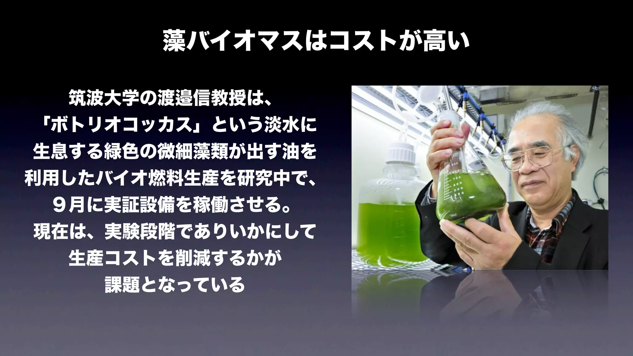 藻バイオマスはコストが高い

   筑波大学の渡邉信教授は、
「ボトリオコッカス」という淡水に
生息する緑色の微細藻類が出す油を
利用したバイオ燃料生産を研究中で、
  ９月に実証設備を稼働させる。
 現在は、実験段階でありいかにして
   生産コストを削減するかが
     課題となっている
 