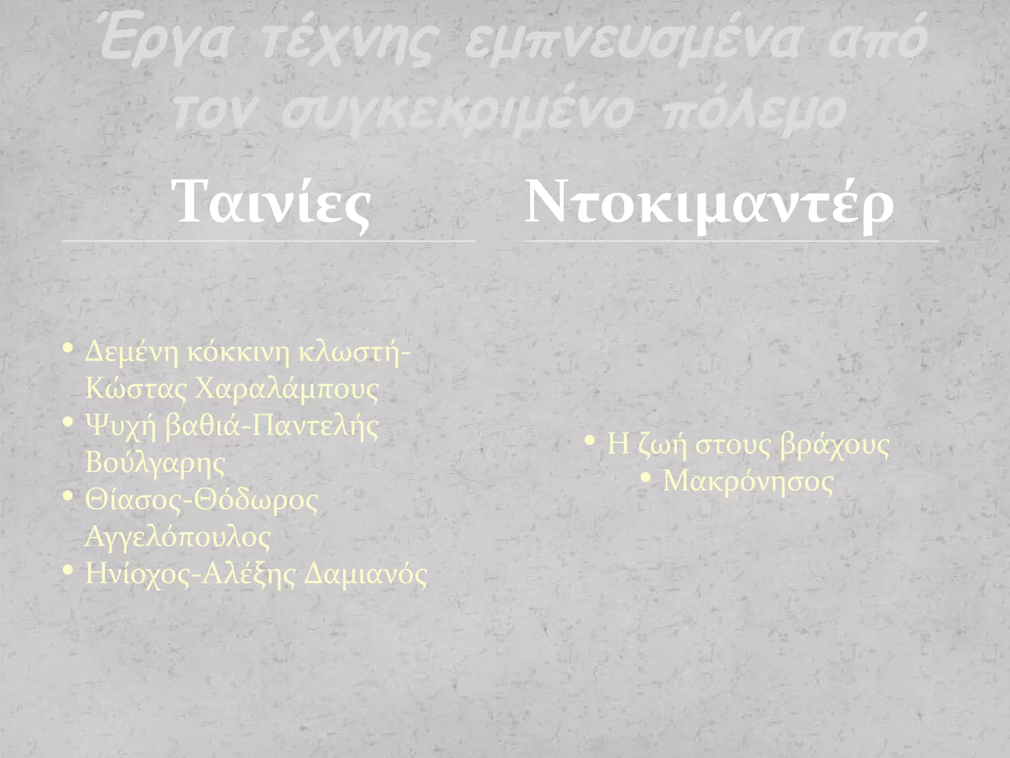 Ταινίες
 Δεμένη κόκκινη κλωστή-
Κώστας Χαραλάμπους
 Ψυχή βαθιά-Παντελής
Βούλγαρης
 Θίασος-Θόδωρος
Αγγελόπουλος
 Ηνίοχος-Αλέξης Δαμιανός
 Η ζωή στους βράχους
 Μακρόνησος
Έργα τέχνης εμπνευσμένα από
τον συγκεκριμένο πόλεμο
Ντοκιμαντέρ
 