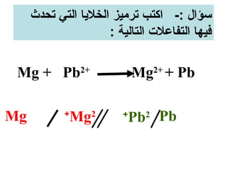 ‫سؤال :- اكتب ترميز الخليا التي تحدث‬
                     ‫فيها التفاعلت التالية :‬

 ‫‪Mg + Pb‬‬        ‫+2‬
                             ‫‪Mg + Pb‬‬
                               ‫+2‬




‫‪Mg‬‬          ‫+‬
             ‫‪Mg‬‬      ‫2‬   ‫+‬
                          ‫‪Pb2 Pb‬‬
 