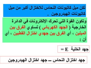 ‫لكن ميل كاتيونات النحاس للتختزال أكبر من ميل‬
                         ‫كاتيونات الهيدروجين .‬
    ‫وتكون القوة التي تحرك اللكترونات في الدائرة‬
  ‫الخارجية ) الجهد الكهربائي ( تساوي الفرق بين‬
‫الميلين ، أي الفرق بين جهدي اتختزال القطبين ، أي‬
                                           ‫أن :‬
                                 ‫جهد الخلية ‪= E‬‬

 ‫جهد اختزال النحاس ـــ جهد اختزال الهيدروجين‬
 