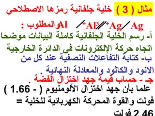 ‫مثال ) 3 ( خلية جلفانية رمزها الصطلحي‬
      ‫والمطلوب :‬ ‫‪Al +Al3 +Ag Ag‬‬
‫أ- رسم الخلية الجلفانية كاملة البيانا ت موضحا‬
  ‫اتجاه حركة اللكترونا ت في الدائرة الخارجية‬
      ‫ب- كتابة التفاعل ت النصفية عند كل من‬
           ‫النود والكاثود والمعادلة النهائية .‬
        ‫جـ - حساب قيمة جهد اختزال الفضة .‬
 ‫علما بأن جهد اختزال اللومنيوم ) - 66.1 (‬
     ‫فولت والقوة المحركة الكهربائية للخلية =‬
 