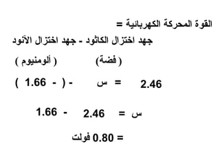 ‫القوة المحركة الكهربائية =‬
‫جهد اختزال الكاثود - جهد اختزال النود‬
‫) ألومنيوم (‬          ‫) فضة(‬
‫- ) - 66.1 (‬          ‫= س‬         ‫64.2‬

      ‫- 66.1‬       ‫64.2‬     ‫س =‬

                ‫= 08.0 فولت‬
 