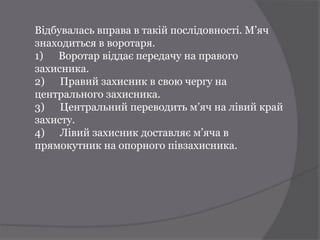 Відбувалась вправа в такій послідовності. М’яч
знаходиться в воротаря.
1) Воротар віддає передачу на правого
захисника.
2) Правий захисник в свою чергу на
центрального захисника.
3) Центральний переводить м’яч на лівий край
захисту.
4) Лівий захисник доставляє м’яча в
прямокутник на опорного півзахисника.
 