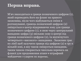 Перша вправа.

М’яч знаходиться в гравця позначеного цифрою (1),
який переводить його на фланг на правого
захисника, після чого відбуваються зміни в
розташуванні, гравець позначений цифрою (2)
зміщується в центр відкриваючи зону для гравця
позначеного цифрою (1), в свою чергу центральний
нападник цифра (3) звільняє зону в центрі під
гравця позначеного цифрою (2), та відтягнутого
четвертього «високого» нападника . Захисник грає
по лінії щоб залучити гравця під цифрою (2) в гру в
вільній зоні, в яку також зміщується нападник,
таким чином створюється чисельна перевага на
фланзі для продовження атаки в штрафний
майданчик з ударом по воротах.
 