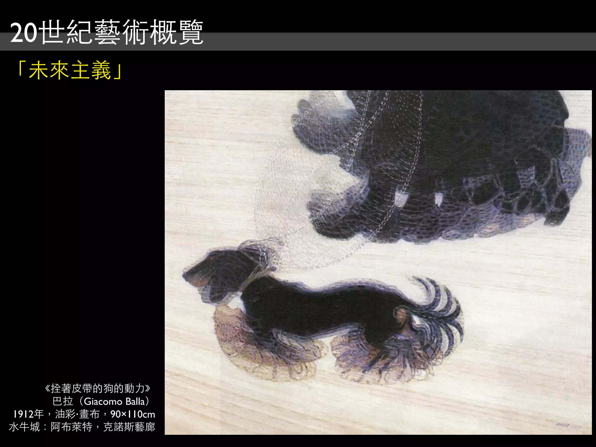 20世紀藝術概覽
「未來主義」
《拴著皮帶的狗的動力》
巴拉（Giacomo Balla）
1912年，油彩‧畫布，90×110cm
水牛城：阿布萊特，克諾斯藝廊
 