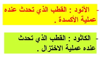 ‫- النود : القطب الذي تحدث عنده‬
                ‫عملية السكسدة .‬

    ‫- الكاثود : القطب الذي تحدث‬
         ‫عنده عملية الختزال .‬
 