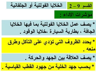 ‫الخليا الفولتية أو الجلفاونية‬   ‫القسم 9 – 2‬
                               ‫مؤشرات الداء :‬
    ‫* يصف عمل الخليا الفولتية بما فيها الخليا‬
        ‫الجافة ، بطارية السيارة ،خليا الوقود .‬
   ‫* يحدد الظروف التي تؤدي على التآكل وطرق‬
                                        ‫منعه .‬
            ‫* يصف العلقة بين الجهد والحركة .‬
‫* يحسب جهد الخلية من جهود القطب القياسية .‬
 